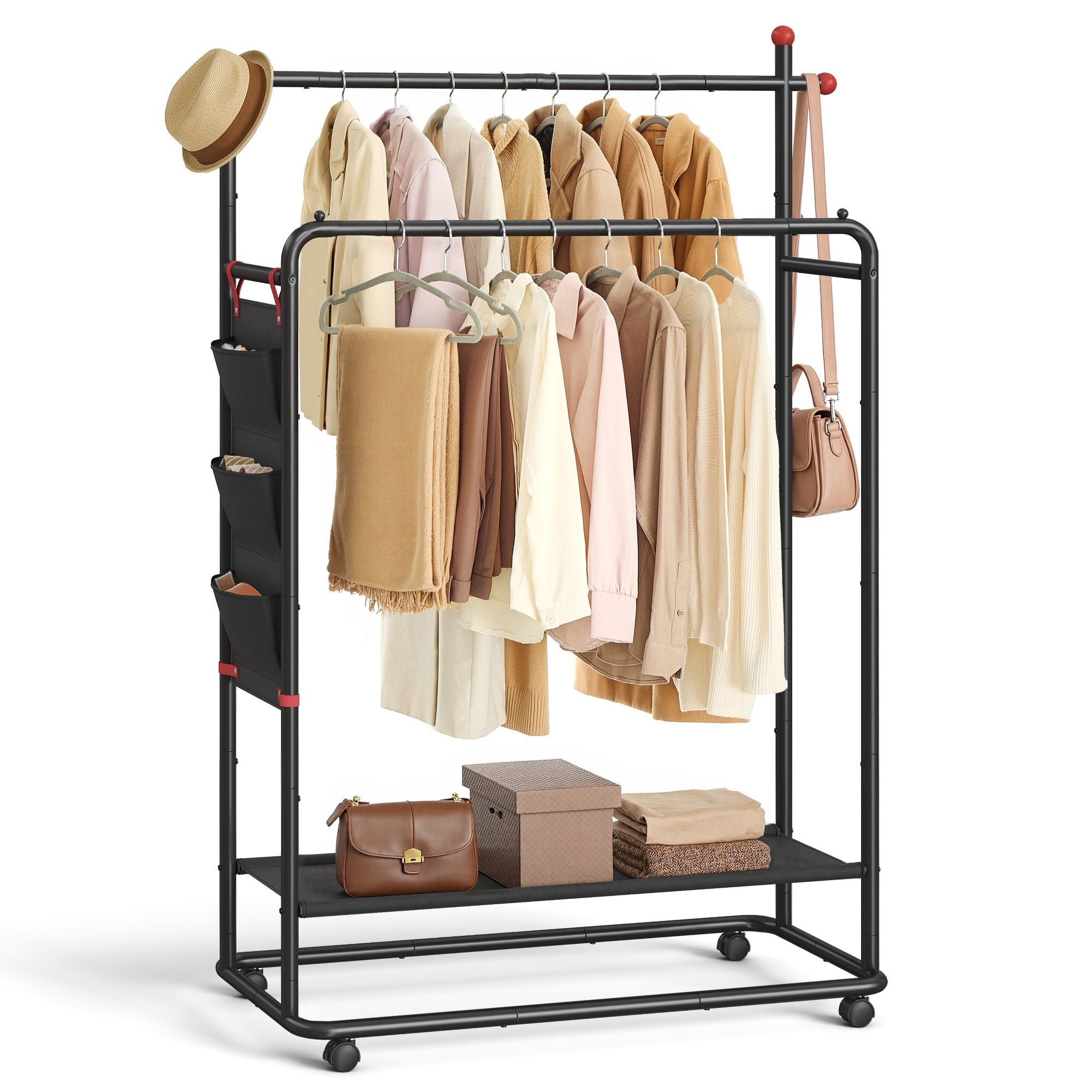 Double Rod Clothes Rack With Wheels Garment Rack With Shelf Storage