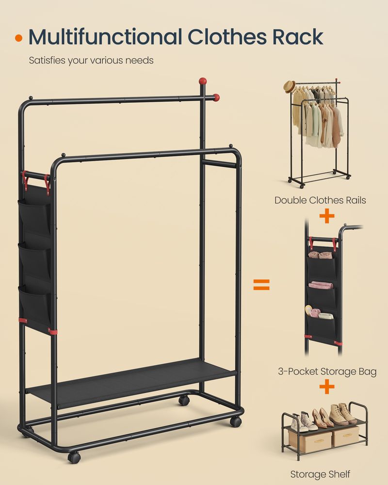 Double Rod Clothes Rack With Wheels Garment Rack With Shelf Storage