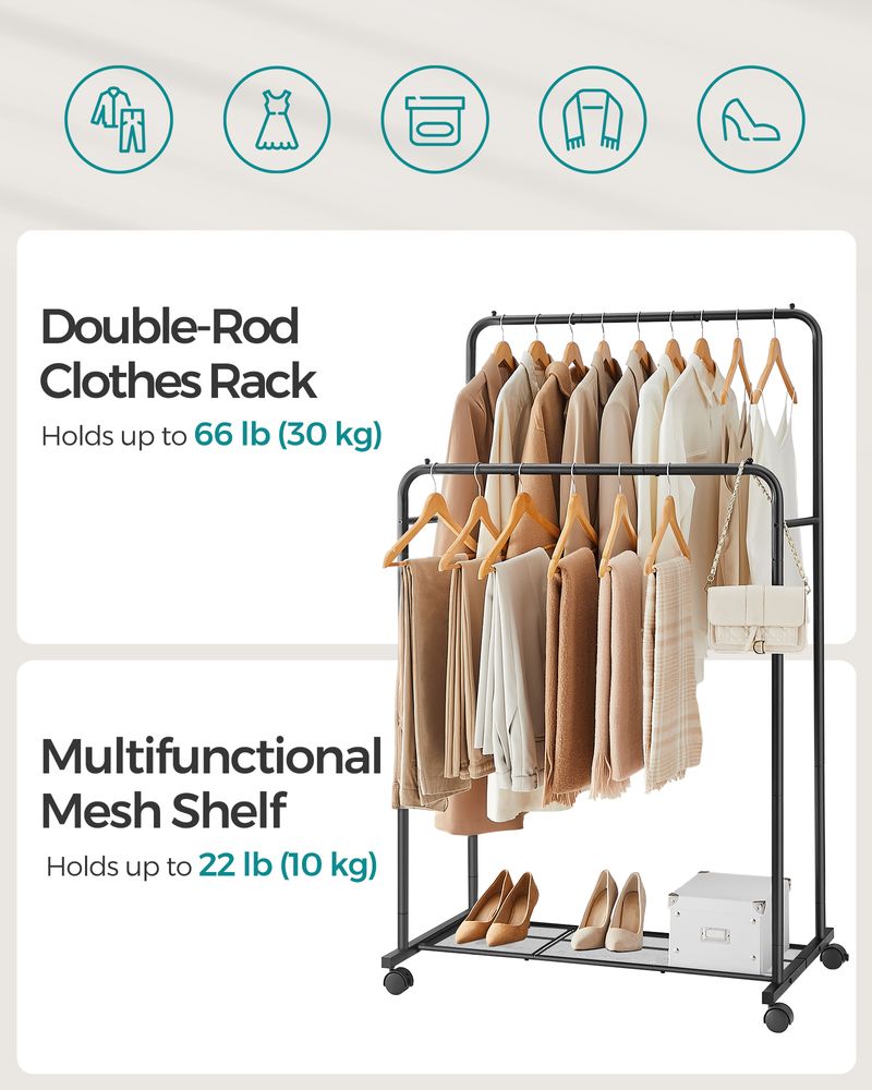 Clothes Rack With Wheels – Dense Mesh Storage Shelf – Rolling Garment Rack
