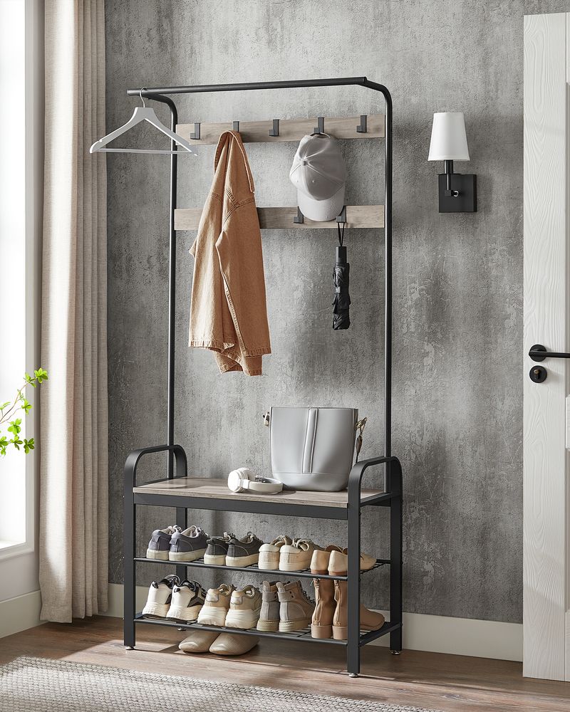Industrial Coat Rack With Bench – 4-in-1 Hall Tree – Shoe Storage Entryway