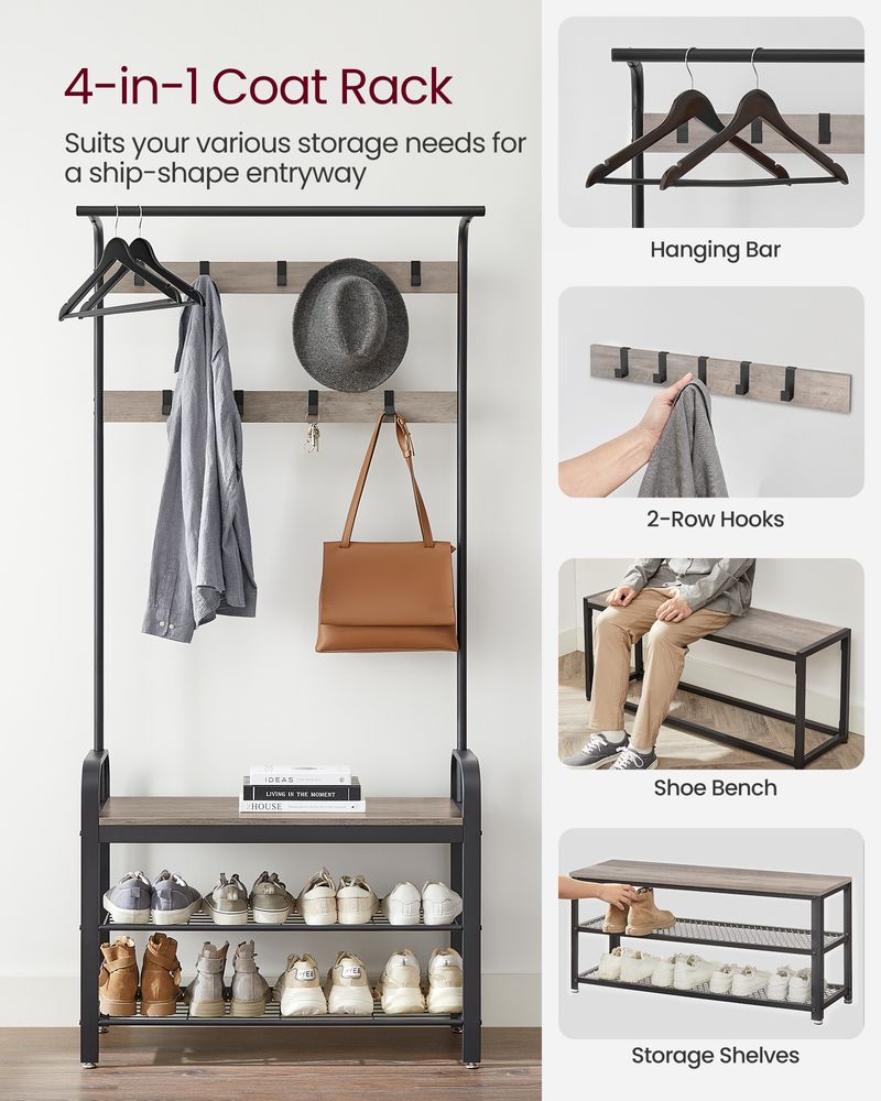 Coat Rack With Shoe Bench - Entryway Storage Organizer