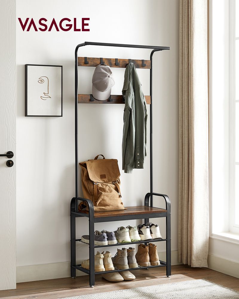 Industrial Coat Rack With Bench – 4-in-1 Hall Tree – Shoe Storage Entryway