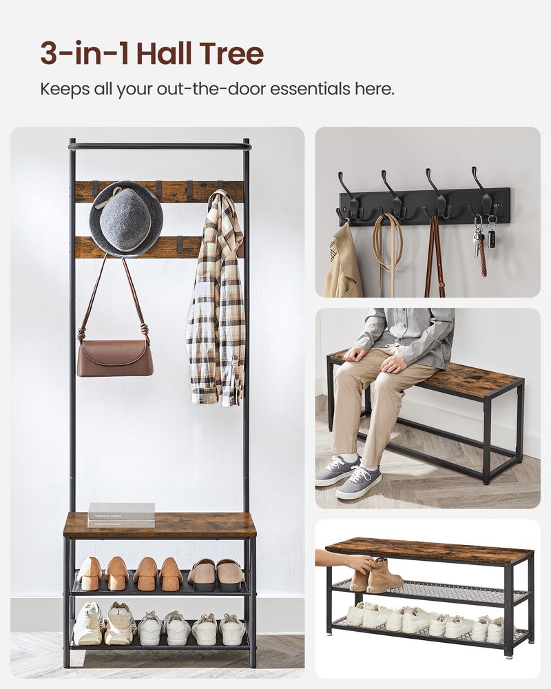 Hall Tree With Bench - Shoe Storage Shelves - Entryway Organizer