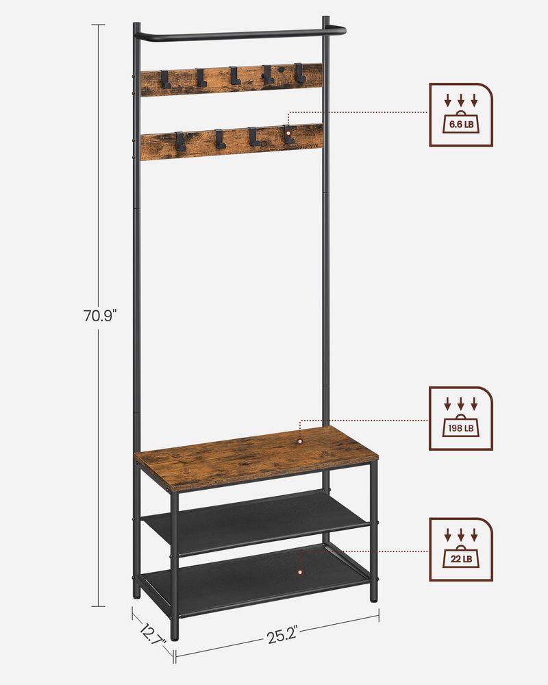 Hall Tree With Bench - Shoe Storage Shelves - Entryway Organizer