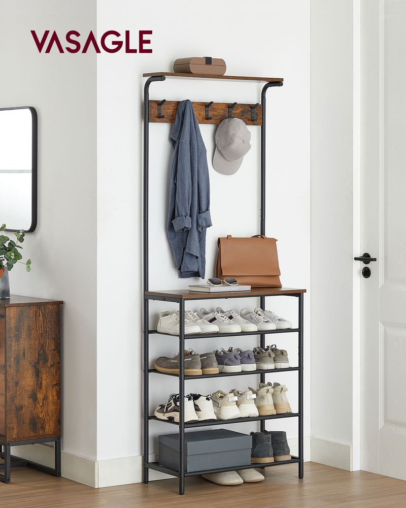 Hall Tree With Shoe Bench – 5-Tier Shoe Storage – Industrial Coat Rack