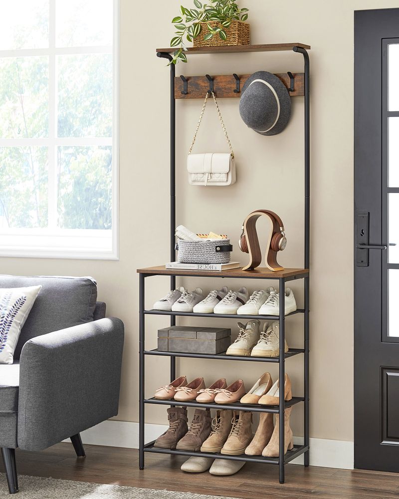 Hall Tree With Shoe Bench – 5-Tier Shoe Storage – Industrial Coat Rack