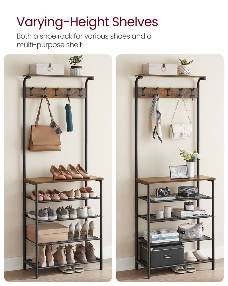 Hall Tree With Shoe Bench – 5-Tier Shoe Storage – Industrial Coat Rack