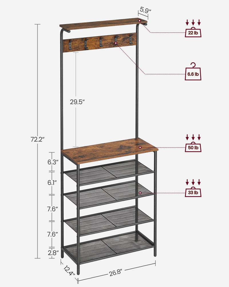 Hall Tree With Shoe Bench – 5-Tier Shoe Storage – Industrial Coat Rack