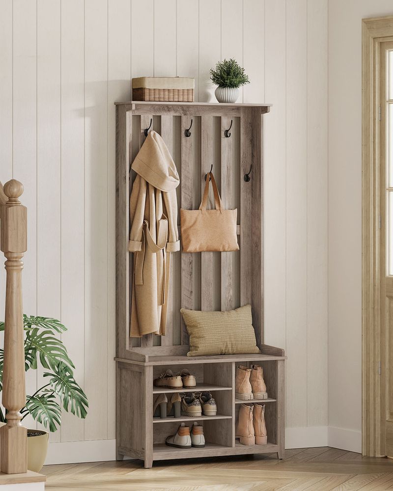 Hall Tree With Bench and Shoe Storage – Adjustable Shelves – Farmhouse Entryway Organizer
