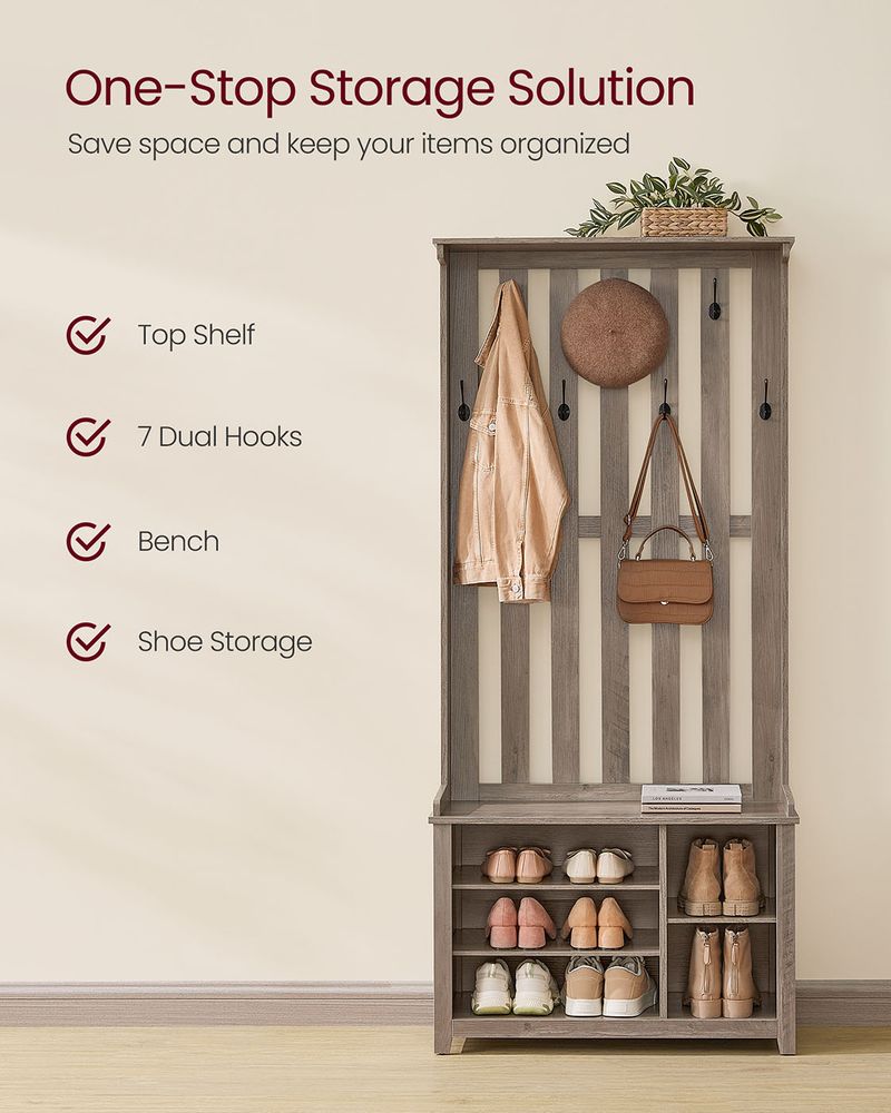 Hall Tree With Bench and Shoe Storage – Adjustable Shelves – Farmhouse Entryway Organizer