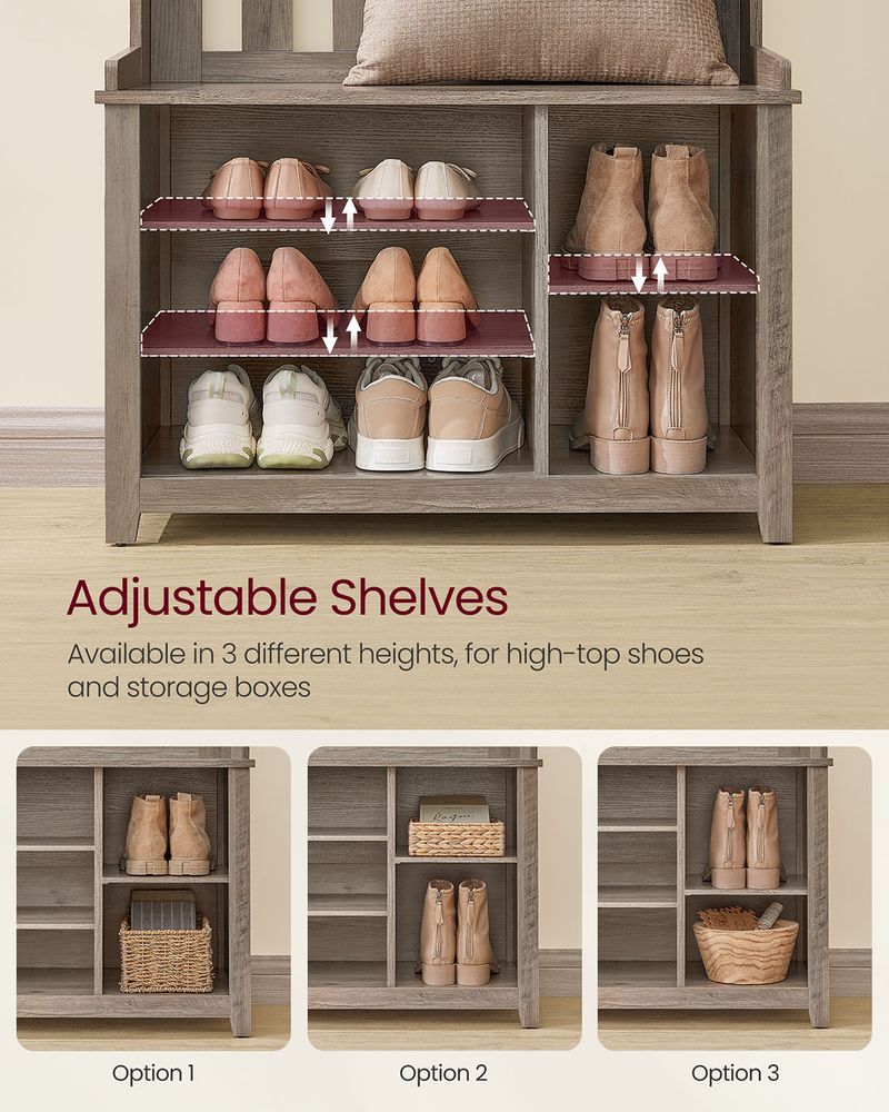 Hall Tree With Bench and Shoe Storage – Adjustable Shelves – Farmhouse Entryway Organizer