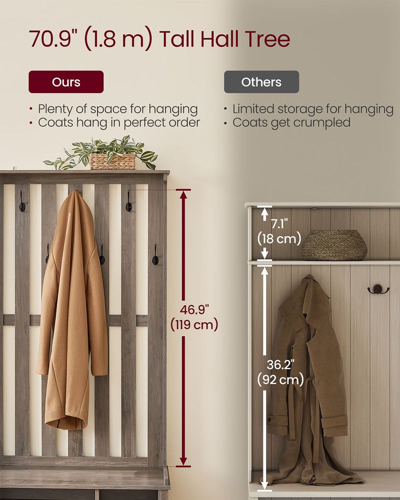 Hall Tree With Bench and Shoe Storage – Adjustable Shelves – Farmhouse Entryway Organizer