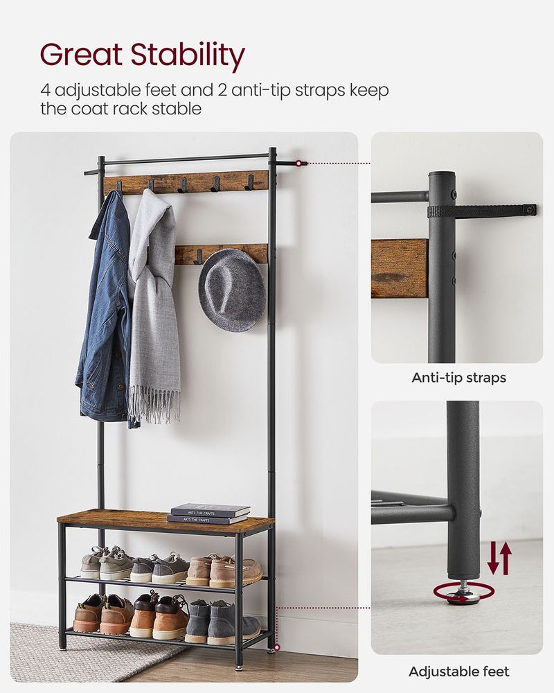 Hall Tree Coat Rack - Shoe Storage Bench - Entryway Hooks