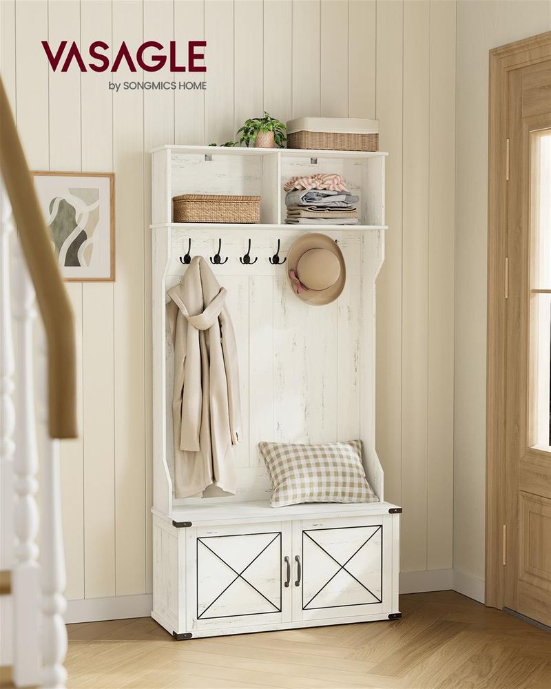Entryway Hall Tree With Bench And Shoe Cabinet Storage Hooks