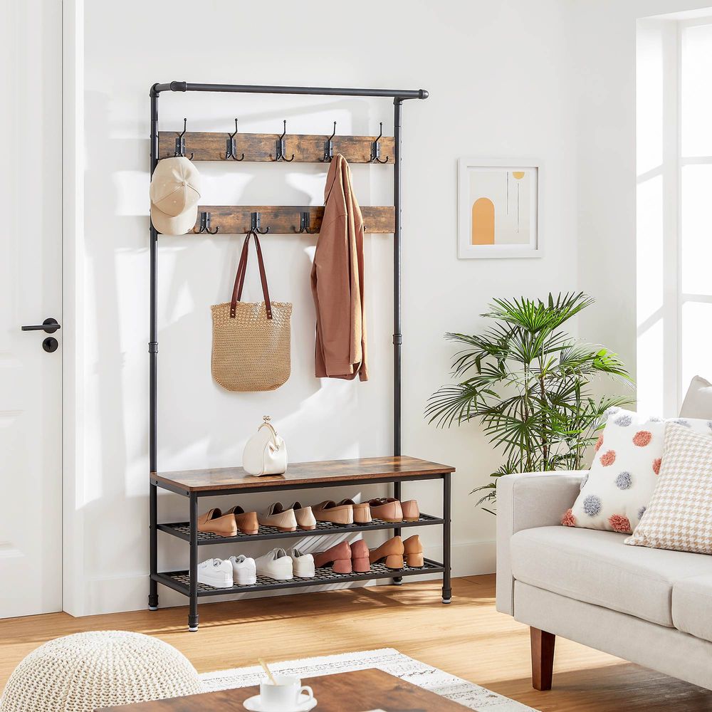 3-in-1 Entryway Coat Rack With Bench – Shoe Storage – Industrial Hall Tree