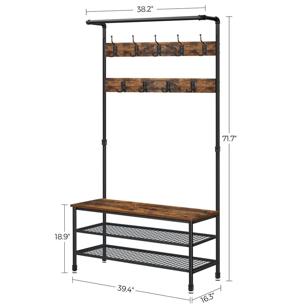 3-in-1 Entryway Coat Rack With Bench – Shoe Storage – Industrial Hall Tree