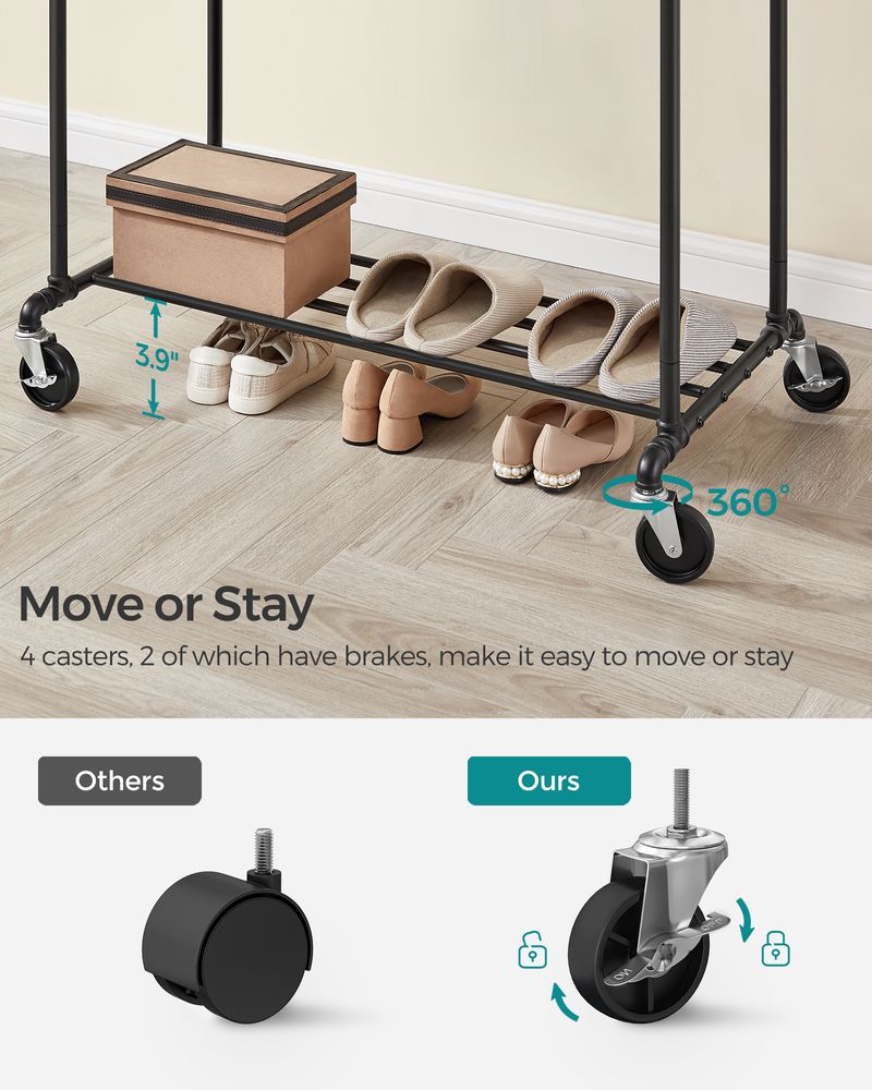 Clothing Rack with Storage Shelf – Heavy-Duty Steel – Rolling Garment Rack