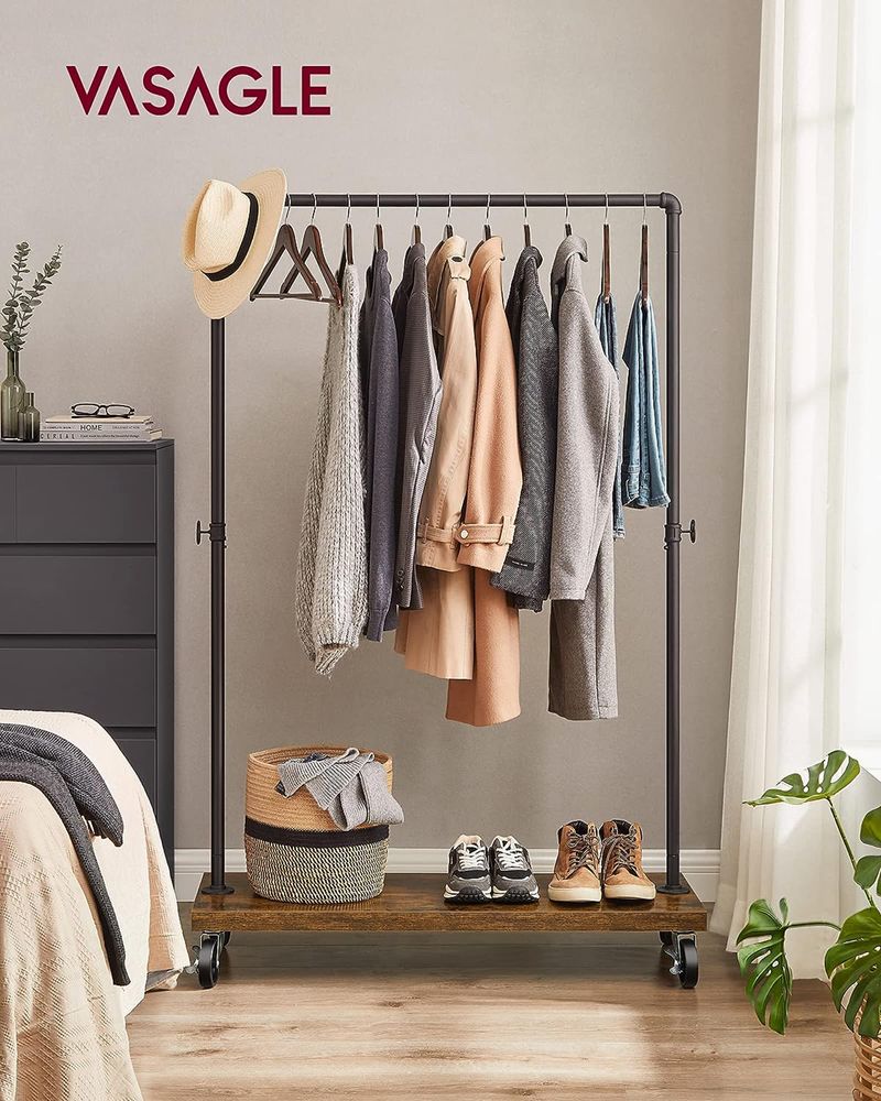 Heavy Duty Rolling Clothing Rack – Industrial Style – With Storage Shelf