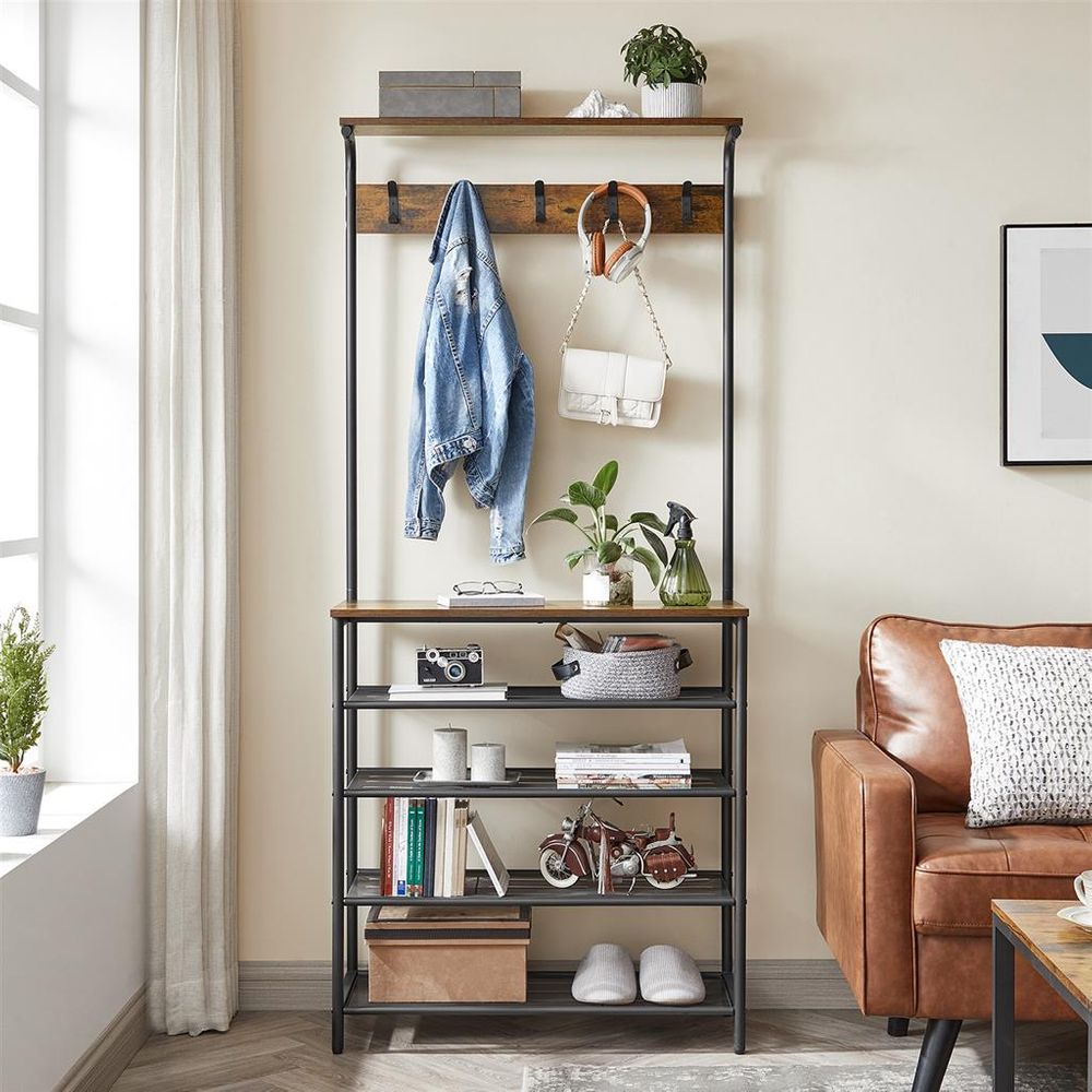 Hall Tree With Shoe Bench – 5-Tier Shoe Storage – Industrial Coat Rack