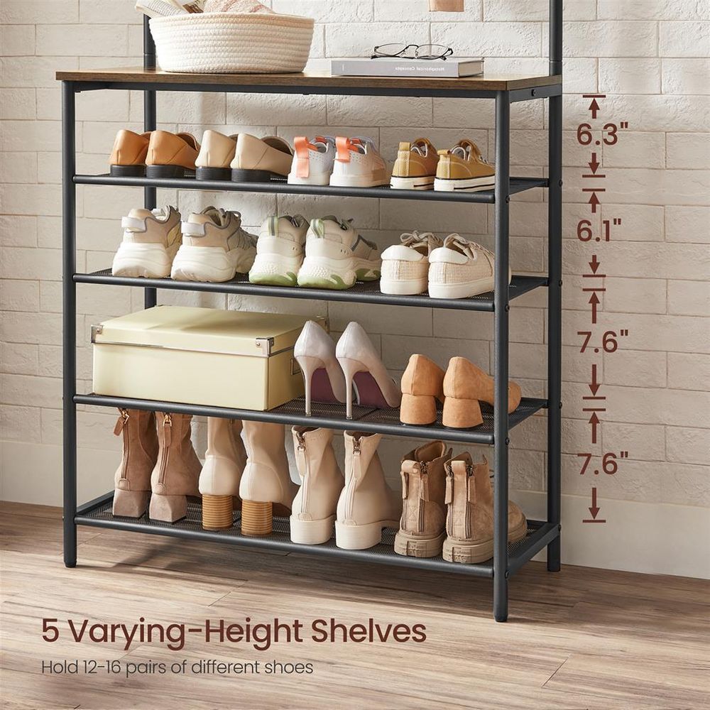 Hall Tree With Shoe Bench – 5-Tier Shoe Storage – Industrial Coat Rack