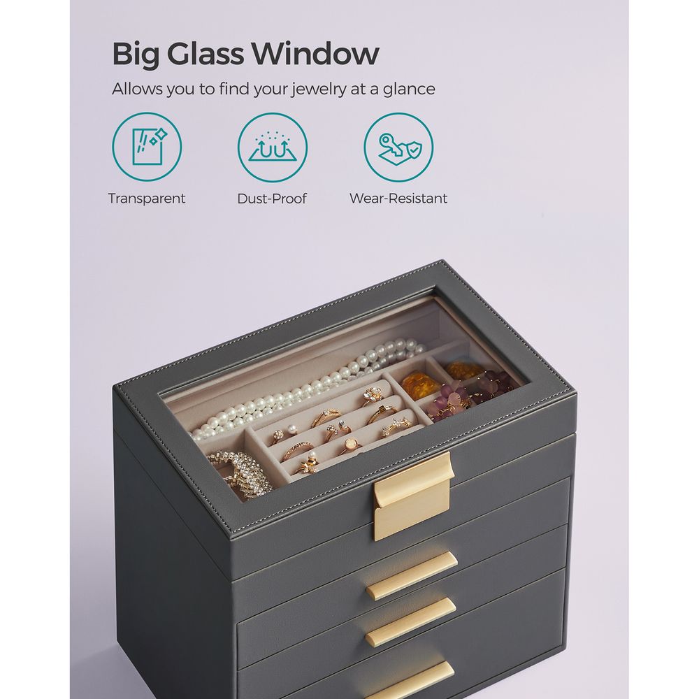Jewelry Box Organizer - 4 Layer - Glass Lid - Large Storage