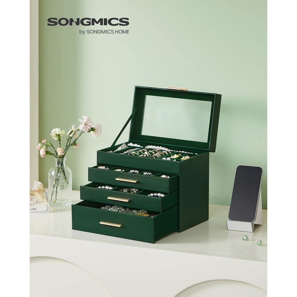 Jewelry Box Organizer - 4 Layer - Glass Lid - Large Storage