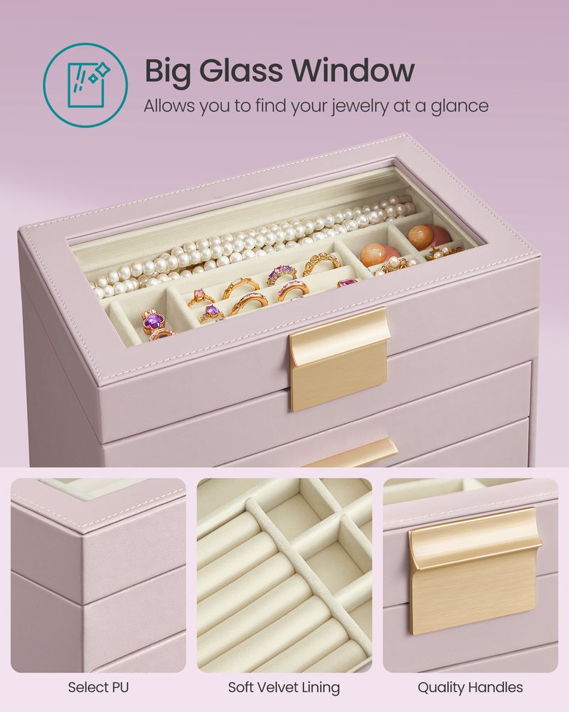 Jewelry Box Organizer - 4 Layer - Glass Lid - Large Storage