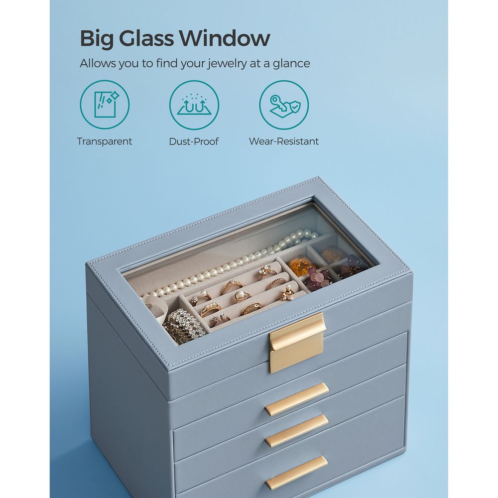 Jewelry Box Organizer - 4 Layer - Glass Lid - Large Storage