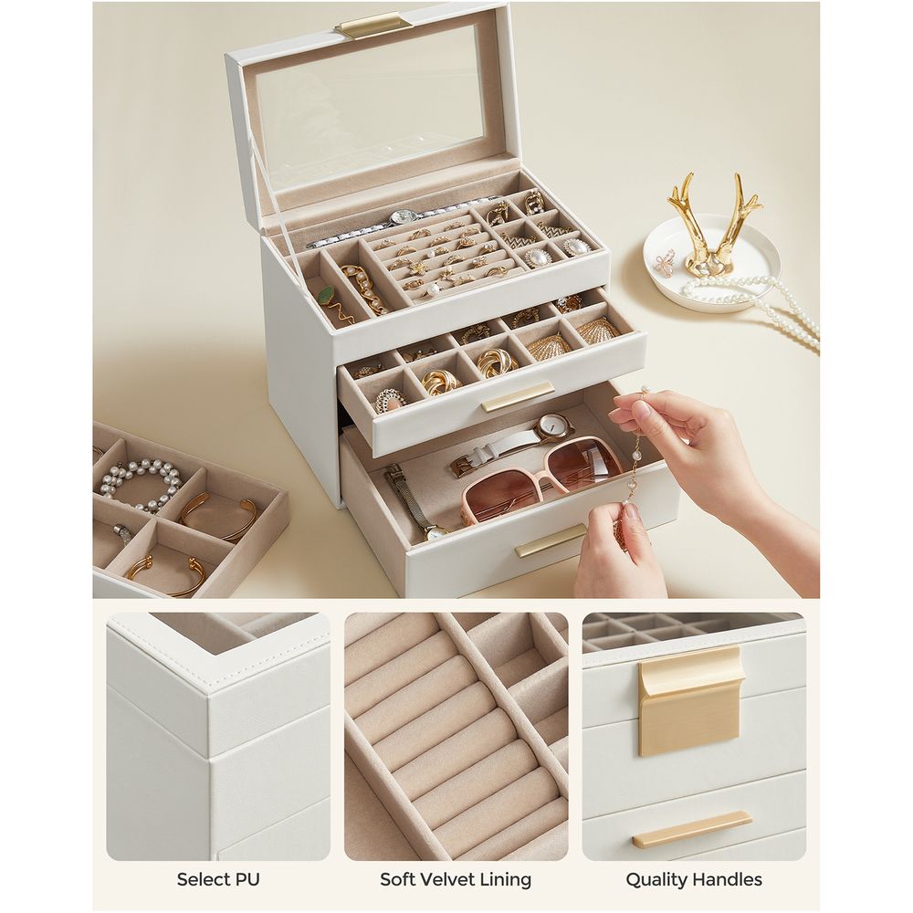 Jewelry Box Organizer - 4 Layer - Glass Lid - Large Storage