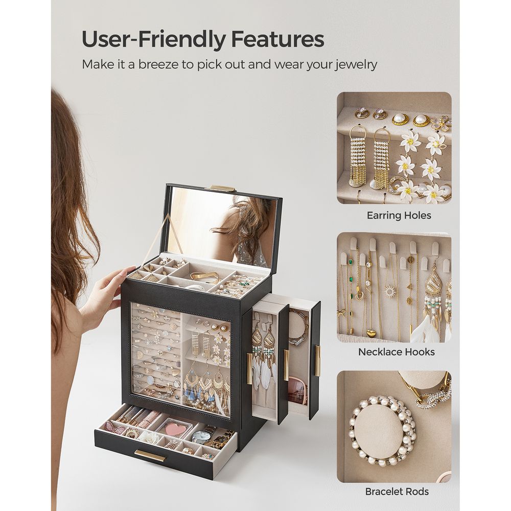 Jewelry Organizer Box - 5 Layer - Glass Window - Mirror Drawers