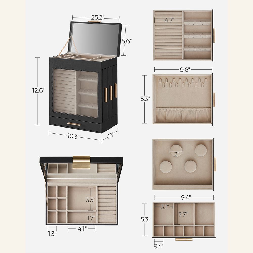 Jewelry Organizer Box - 5 Layer - Glass Window - Mirror Drawers