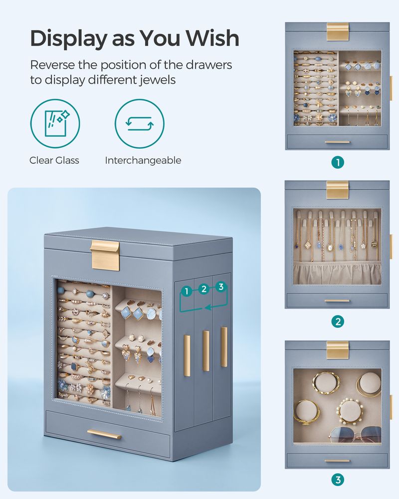 Jewelry Organizer Box - 5 Layer - Glass Window - Mirror Drawers