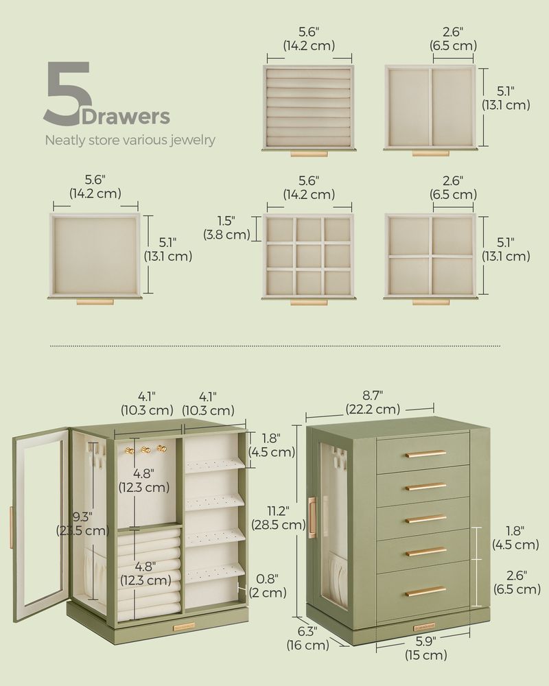 Jewelry Box Organizer - 360 Degree Rotating - 5 Drawers