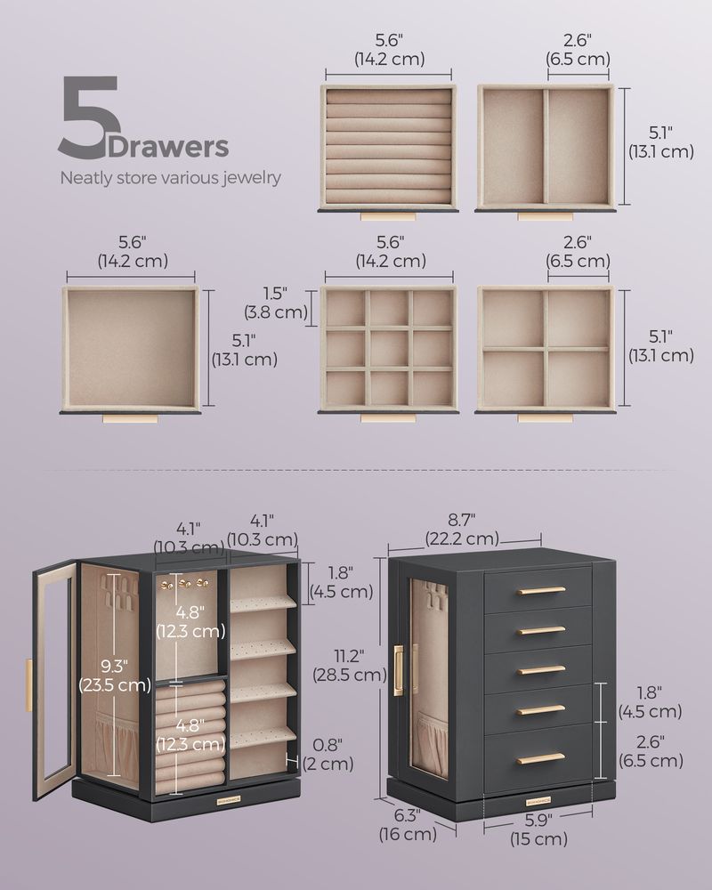Jewelry Box Organizer - 360 Degree Rotating - 5 Drawers