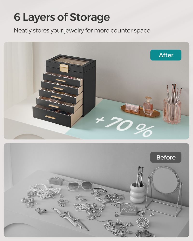 Jewelry Box Organizer - 4 Layer - Glass Lid - Large Storage