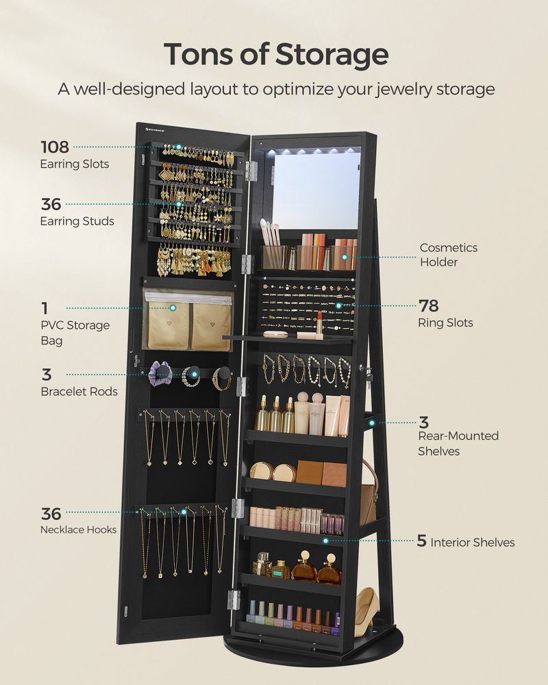 Jewelry Cabinet Standing - Full Length Mirror - Adjustable LED Lights