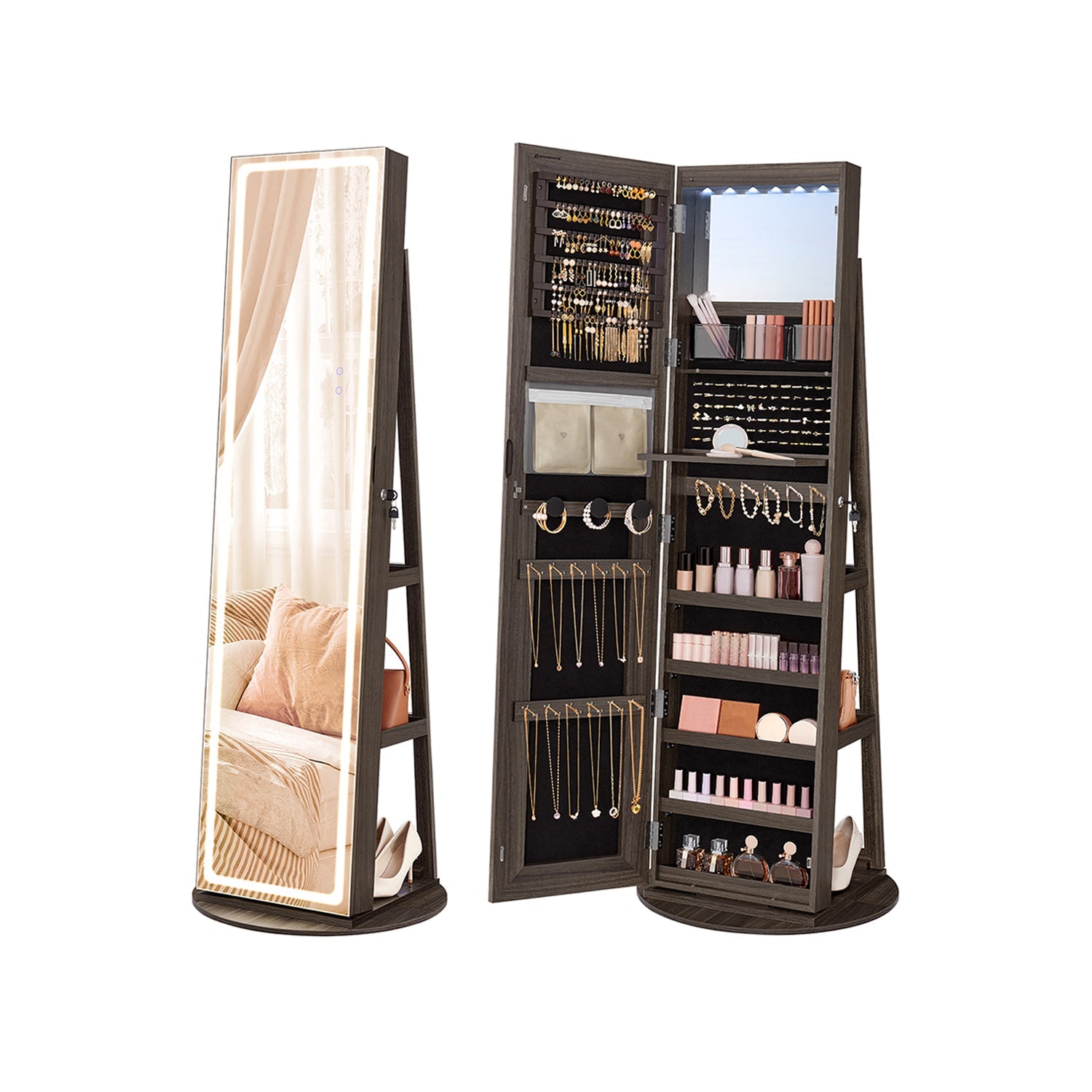 Jewelry Cabinet Standing - Full Length Mirror - Adjustable LED Lights