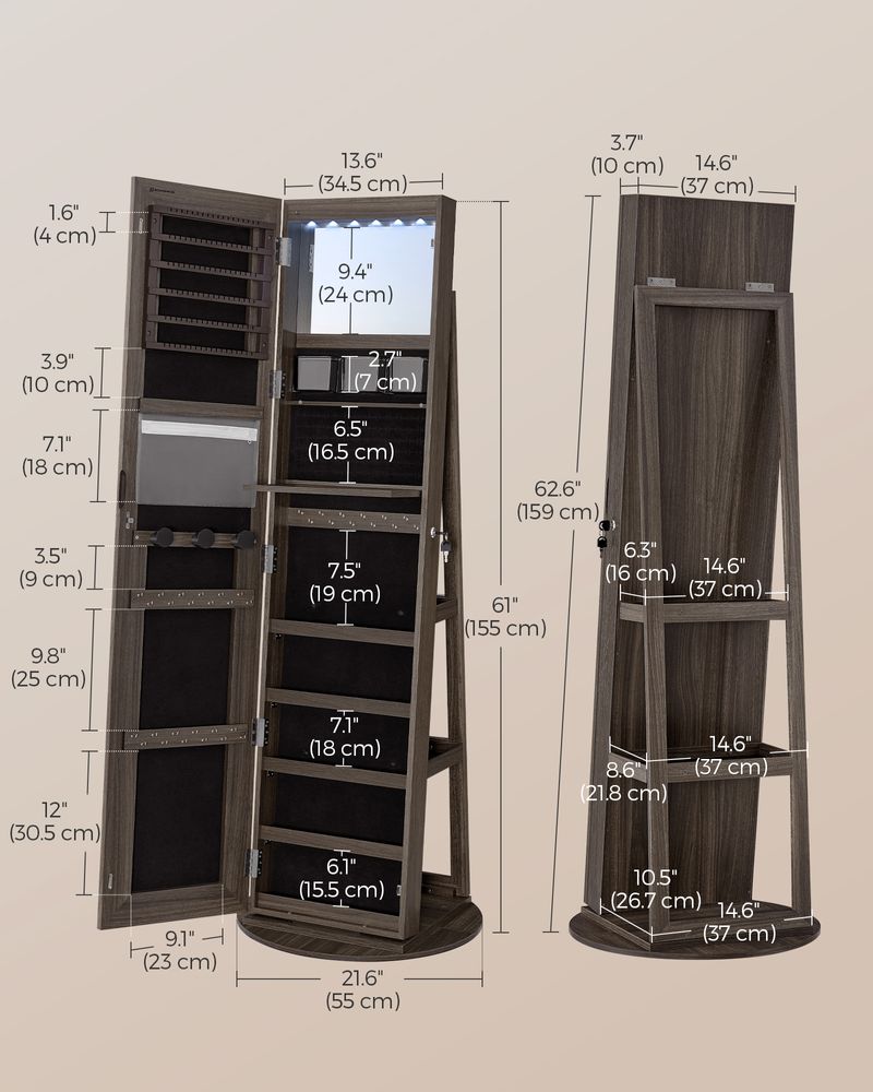 Jewelry Cabinet Standing - Full Length Mirror - Adjustable LED Lights