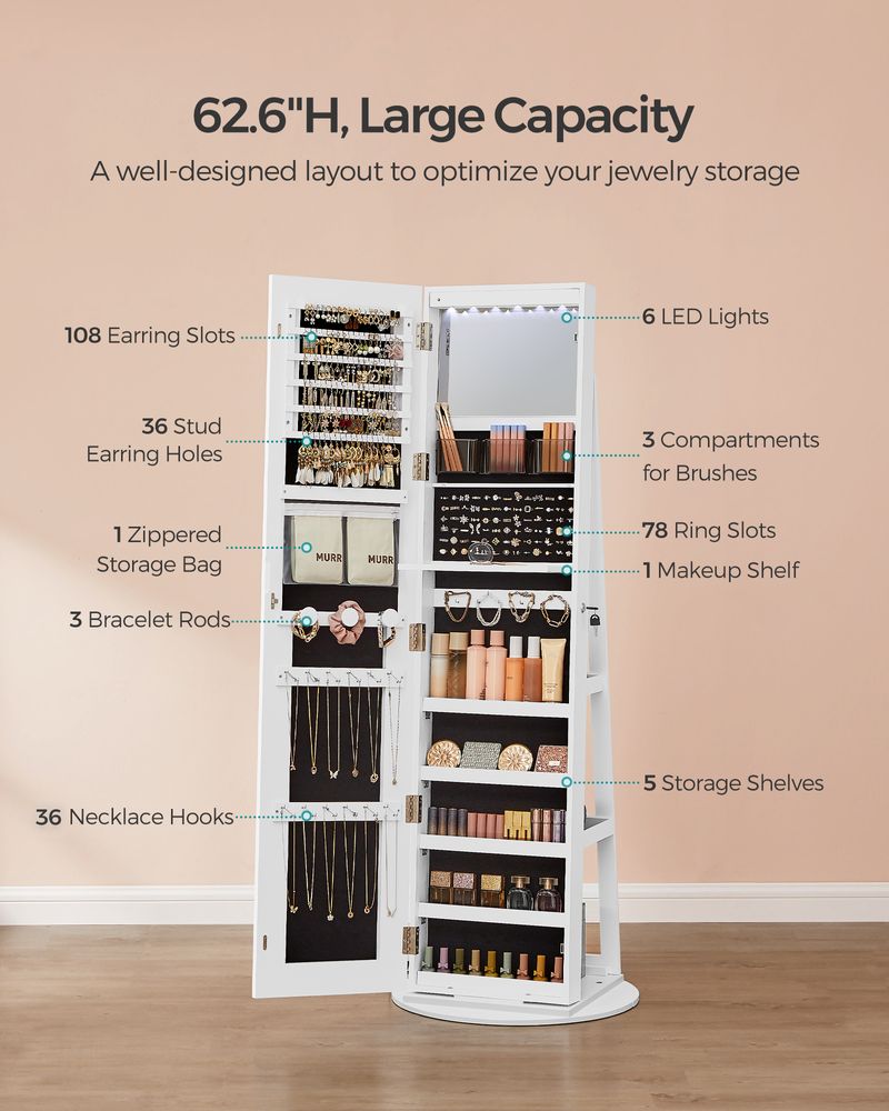 Jewelry Cabinet Standing - Full Length Mirror - Adjustable LED Lights