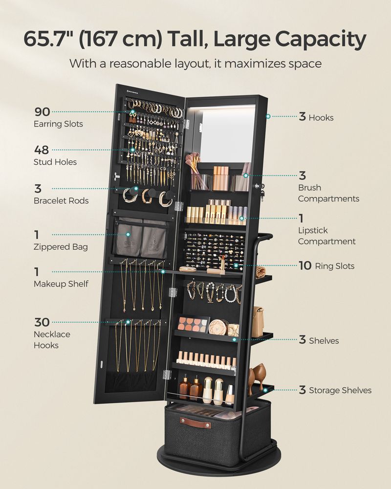 Jewelry Cabinet - 360 Degree Swivel - Mirrored With Lights