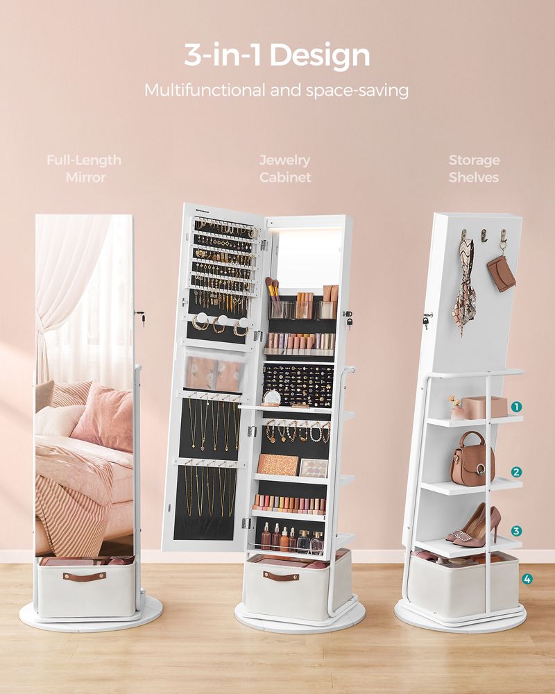 Jewelry Cabinet - 360 Degree Swivel - Mirrored With Lights