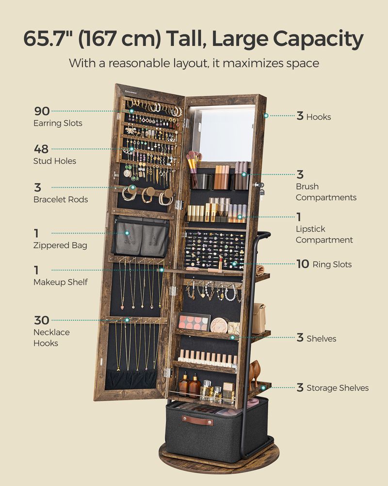 Jewelry Cabinet - 360 Degree Swivel - Mirrored With Lights