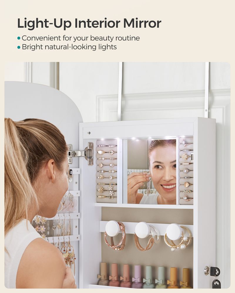 Wall Mounted Jewelry Organizer - Mirror Cabinet - LED Interior Light