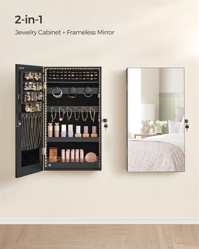 Jewelry Cabinet Armoire - Mirror With LED Lights - Wall Mounted