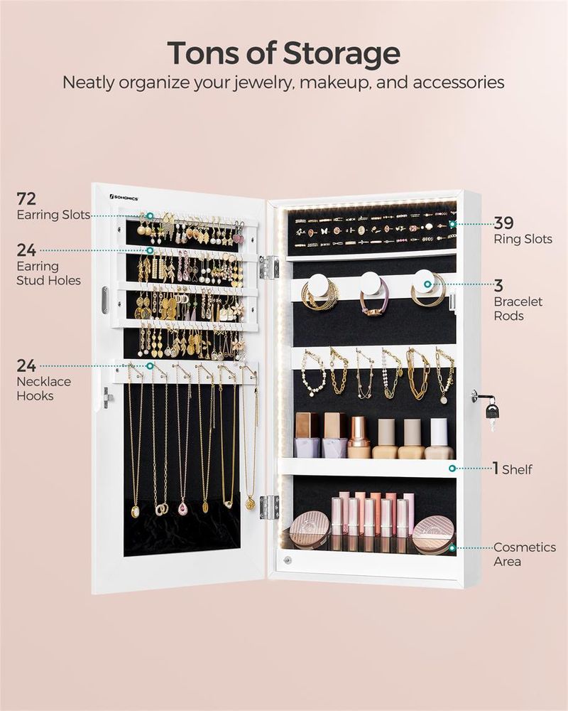 Jewelry Cabinet Armoire - Mirror With LED Lights - Wall Mounted