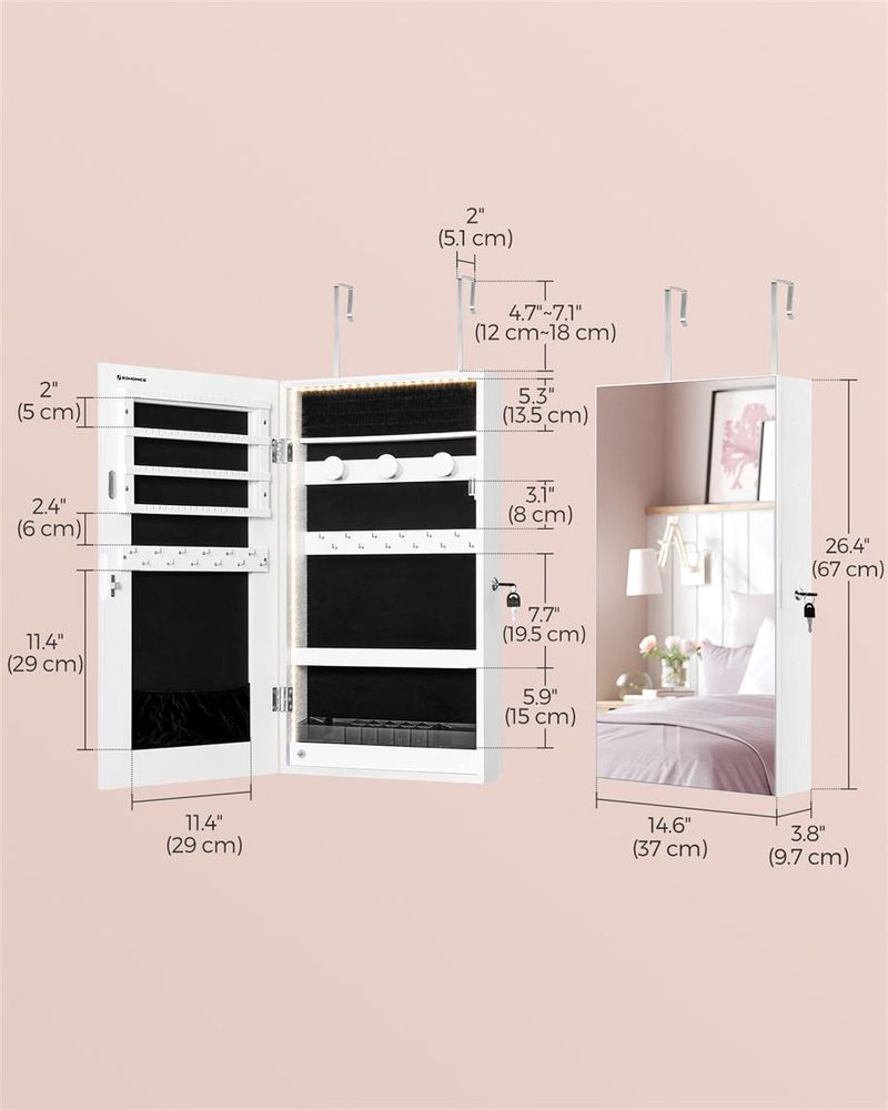 Jewelry Cabinet Armoire - Mirror With LED Lights - Wall Mounted