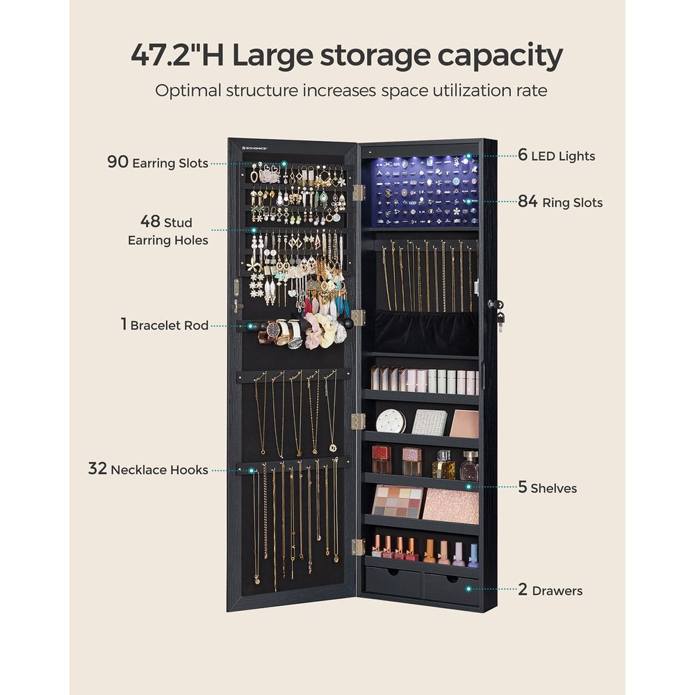 Jewelry Armoire Organizer - Lockable - Wall Or Door Mounted Mirror