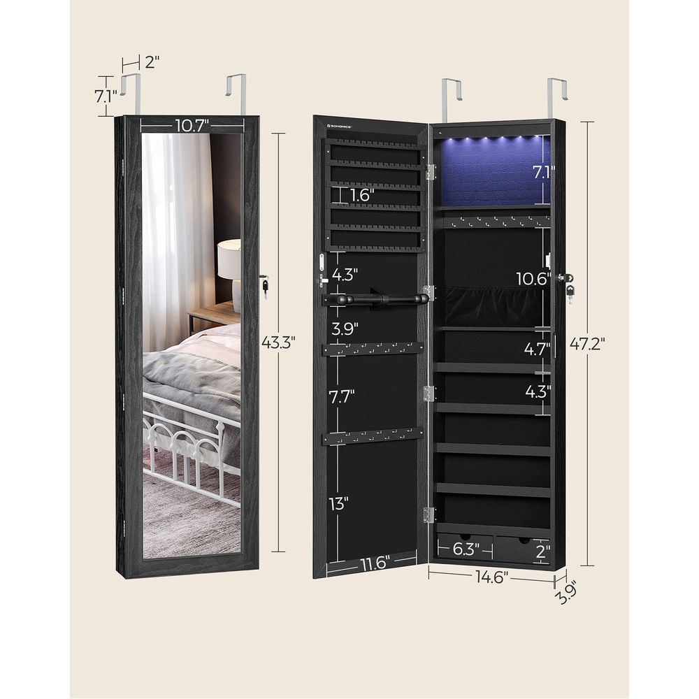 Jewelry Armoire Organizer - Lockable - Wall Or Door Mounted Mirror