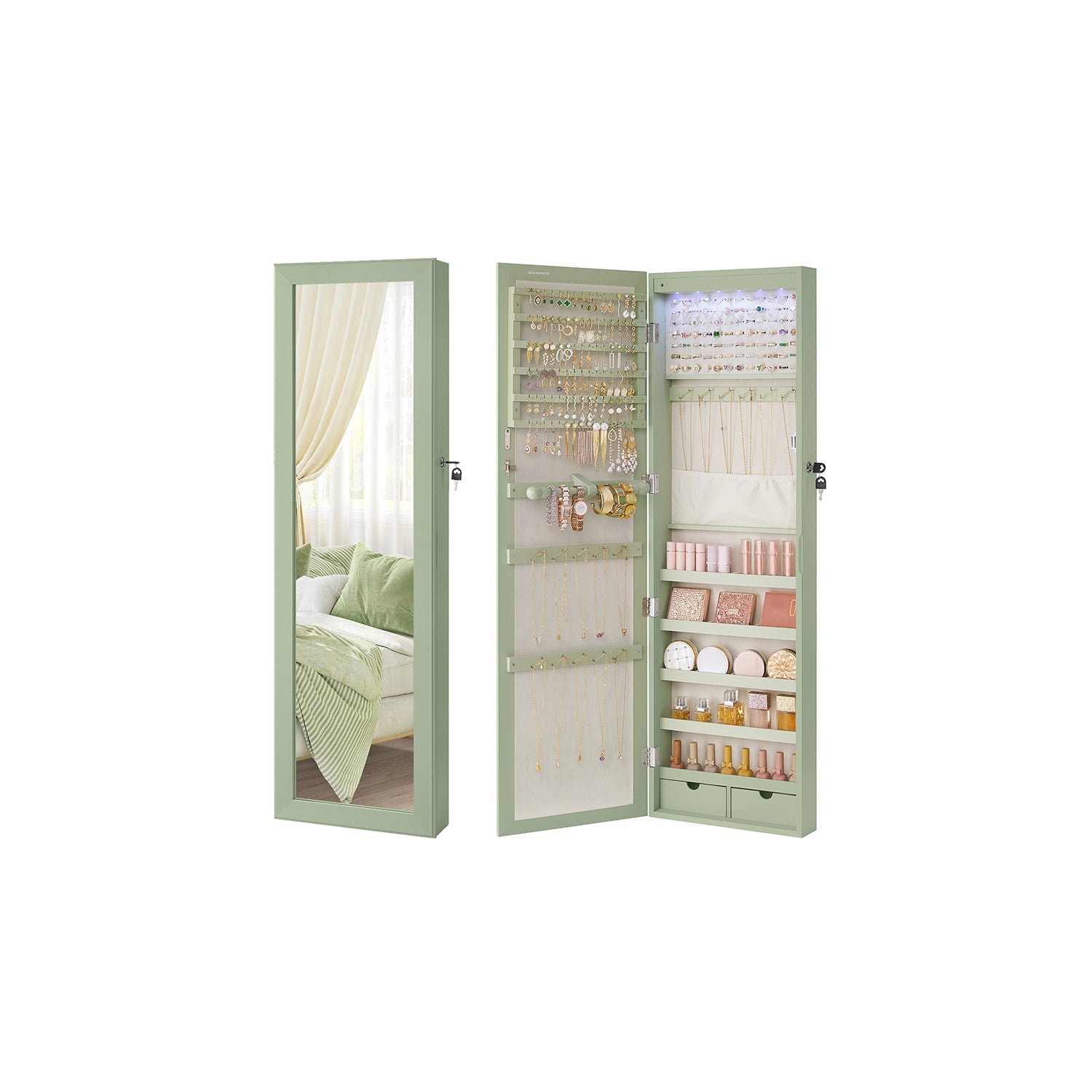 Jewelry Armoire Organizer - Lockable - Wall Or Door Mounted Mirror