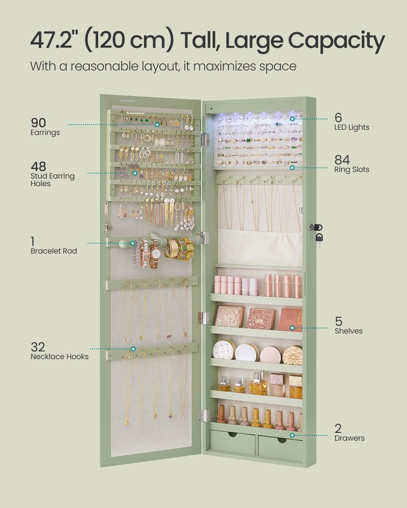 Jewelry Armoire Organizer - Lockable - Wall Or Door Mounted Mirror